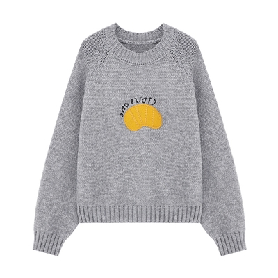 Basic House/百家好卡通刺绣圆领毛衣插肩袖套头加厚针织上衣秋冬