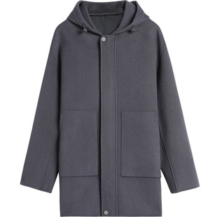 EHE男装100%绵羊毛抽绳连帽大贴袋拉链毛呢大衣男外套冬季新款