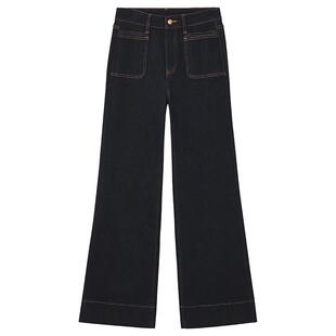 热风女士牛仔裤2025年冬季新款深色前贴袋显瘦喇叭牛仔裤修饰腿型