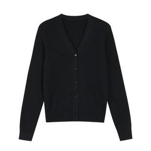 pusumede 自由旅人 黑色v领针织开衫女简约气质短款修身长袖上衣