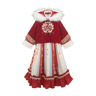 十三余童装[洛桑]国风新款套装冬季汉服女童刺绣外套连衣裙两件套