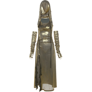 怪诞女孩 废土小众荡领修身连衣裙chic街头感荷叶边开叉连帽长裙