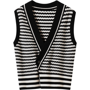 冬凤凰100%纯羊绒衫黑白条纹v领廓羊绒背心马甲女2024秋冬毛衣R-1