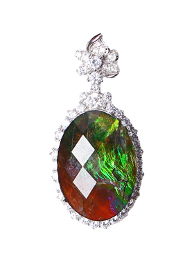 天然斑彩石纯银镶嵌吊坠 加拿大斑彩石远古化石水晶彩宝吊坠