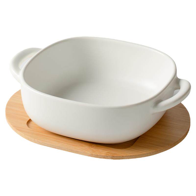 双耳烤碗微波炉烤箱陶瓷碗带竹托盘烘焙烤碗焗饭碗家用早餐甜品碗