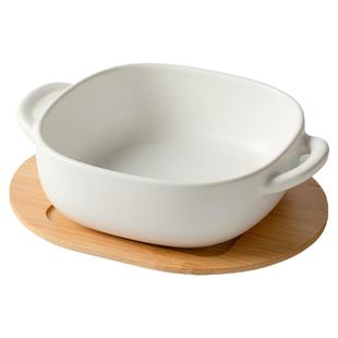 双耳烤碗微波炉烤箱陶瓷碗带竹托盘烘焙烤碗焗饭碗家用早餐甜品碗