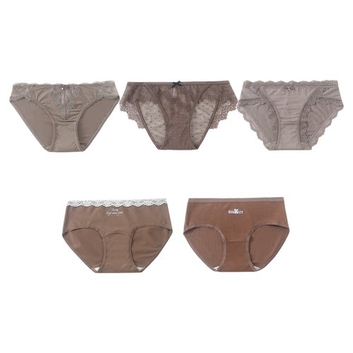 5条99元 2025秋季新款咖啡棕色蕾丝冰丝棉质系列三角包臀女士内裤