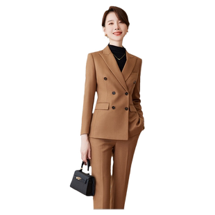 诗璐雅卡其色西装套装高级感女神范羊毛职业装通勤小西服两件套冬