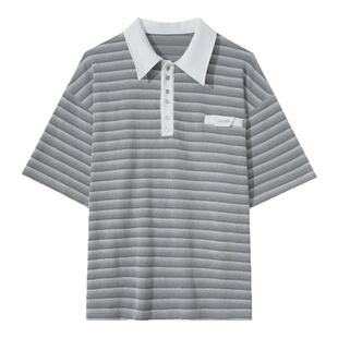Hualun夏季抗皱条纹短袖polo衫男款痞帅高级感上衣男宽松翻领T恤