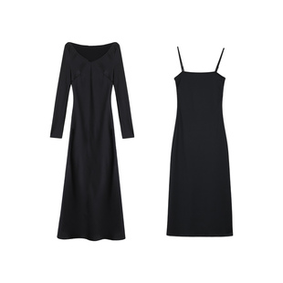 NEVA HU 佛朗明戈 优雅气质v领缎面长袖连衣裙女修身吊带裙两件套