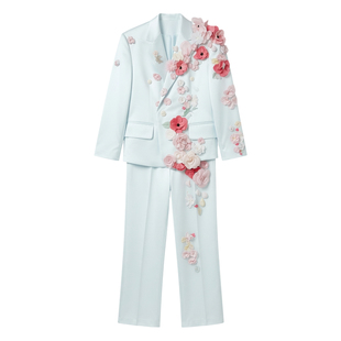 王源明星同款演出服白色醋酸西装外套高级感轻奢手工花西服套装潮
