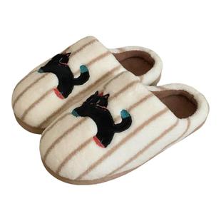 细细条 条纹小黑猫居家鞋韩系百搭休闲情侣卡通保暖棉拖鞋男女冬