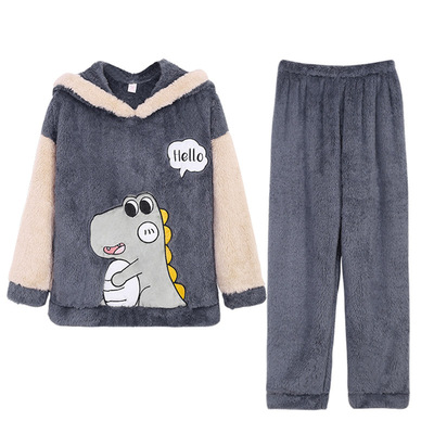 珊瑚绒秋冬加肥特大码连帽睡衣