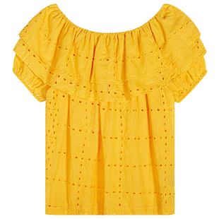 今屿花花 独特漂亮减龄款上衣2025年一字肩刺绣镂空套头衬衫黄色