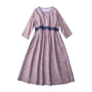 冉裳原创流行裙子长袖连衣裙女甜美宽松薄款春夏长款拼接苎麻长裙