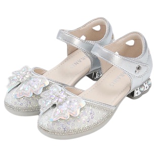 泰兰尼斯闪亮儿童高跟鞋小女孩配礼服蝴蝶结公主鞋女童夏季水晶鞋