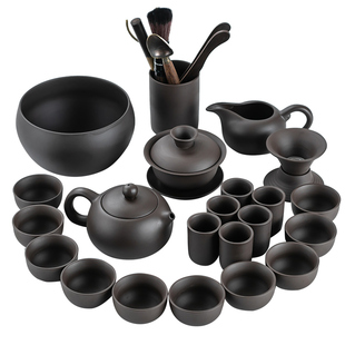 紫砂功夫茶具套装黑泥西施壶三才碗闻香杯整套泡茶器复古家用中式