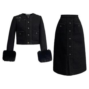 冬百搭保暖优雅黑色粗花呢绵羊毛经典小香风轻奢女羽绒服两件套装