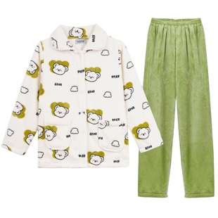 加厚睡衣女秋冬珊瑚绒法兰绒可爱家居服长袖套装柔软开衫不掉毛