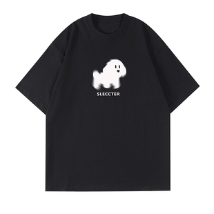 ins夏季新款oversize小狗印花短袖体恤男女bf简约百搭学生纯棉t恤