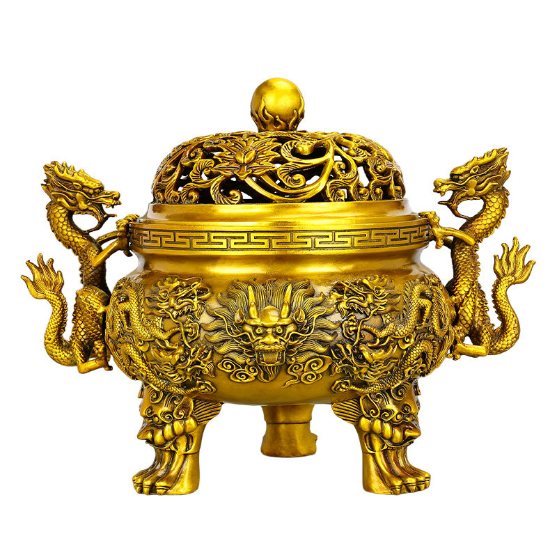 黄铜九龙三足香炉摆件寺庙供奉