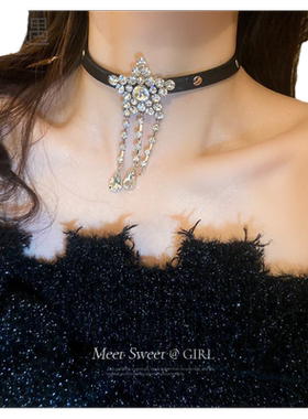 黑色流苏嘻哈颈带玉都遇锁骨链女