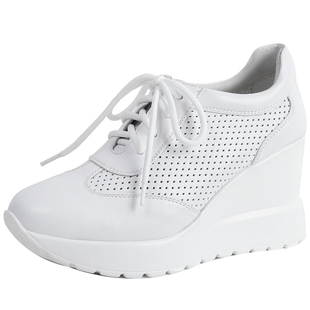 北西迪真皮8CM内增高小白鞋女夏镂空透气松糕鞋白色休闲坡跟单鞋