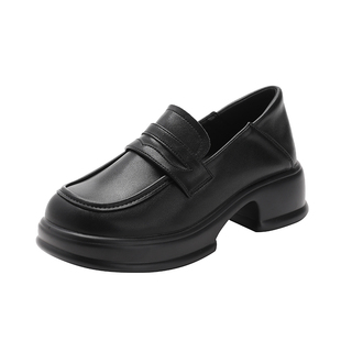 加绒厚底内增高小皮鞋女6CM英伦风小码乐福鞋一脚蹬可踩跟单皮鞋