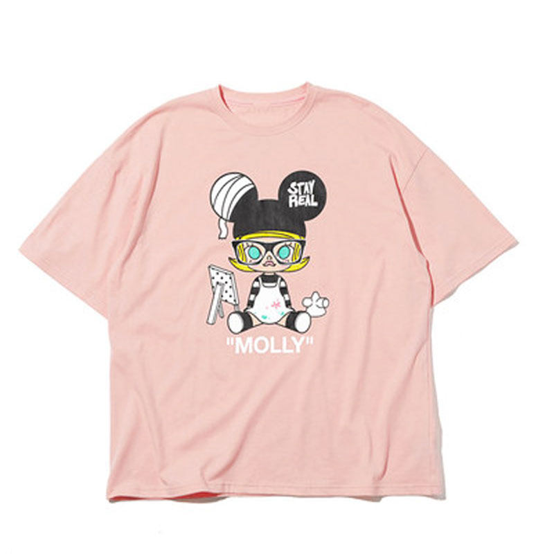 STAYREAL Molly联名 小画家宽版T 粉红色长款短袖T恤女生宽松舒适
