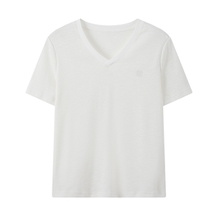 LILY26夏新款竹节感棉混纺微透基础款V领肌理感上衣白色短袖T恤女