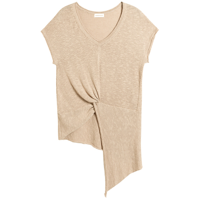 棉麻丝结饰V领针织短袖Tee