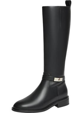 百思图奥莱冬季新款时髦简约休闲骑士靴粗跟女长靴AX286DG3