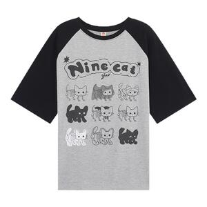 YUZI鱼子甜酷猫咪插肩T恤大码女装夏微胖mm纯棉显瘦遮肉200斤俏皮