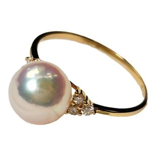 极光天女日本akoya海水珍珠戒指18K金镶钻石正圆镜面光小灯泡气质