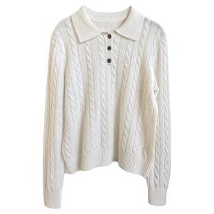 相对纶/老钱风软糯澳洲纯羊毛法式POLO领绞花套头白色黄色miu毛衣