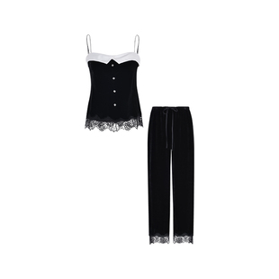 SILKY MIRACLE真丝丝绒水晶蕾丝吊带DAY&NIGHT长裤套装睡衣居家服