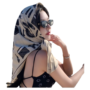 网红法式复古小方巾女百搭夏季防晒丝巾ins海边沙滩长条披肩头巾