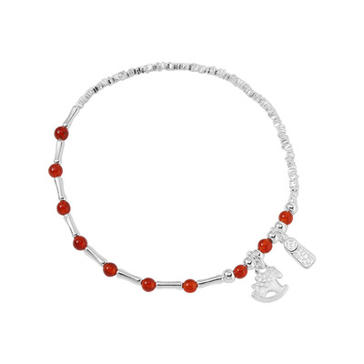 925纯银招财小马红玛瑙碎银子手链女简约生肖本命年马年手饰B6994