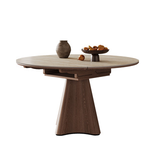 可折叠圆形餐桌家用小户型2026新款方圆两用复古风洞石岩板餐桌