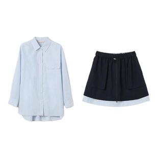 糖皮出品 笑靥如花 色织蓝白条纹 夏季轻薄宽松衬衫套装