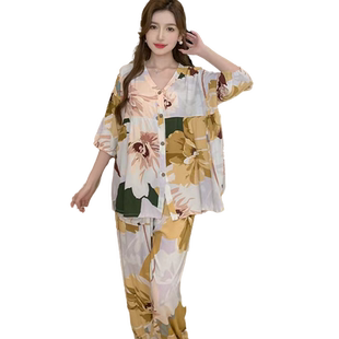 棉绸睡衣女春夏季七分袖薄款宽松大码人造棉开衫家居服套装可外穿