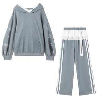 KEIKO 少女风蕾丝花边运动卫衣套装26春季兔耳朵连帽外套+休闲裤