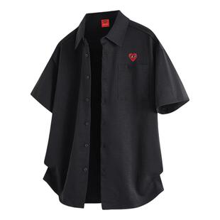查尔斯桃心 纯色基础款短袖衬衫男夏季轻薄透气翻领百搭休闲上衣