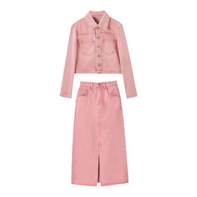 粉色刺绣牛仔外套半裙套装棉
