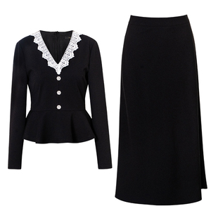 罗衣法式蕾丝V领修身黑色套装女春季荷叶边上衣半身裙两件套13311