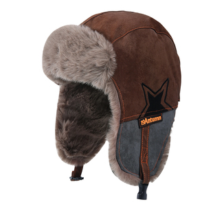 潮牌复古飞行帽冬PU皮拼色毛绒加厚护耳雷锋帽男女防风滑雪保暖帽