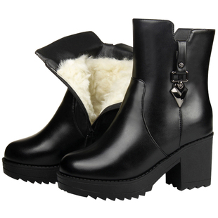 皮毛一体短靴真皮羊毛女靴冬季高跟厚底雪地靴女鞋妈妈棉鞋女皮鞋