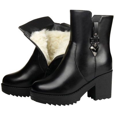 皮毛一体短靴真皮羊毛高跟雪地靴