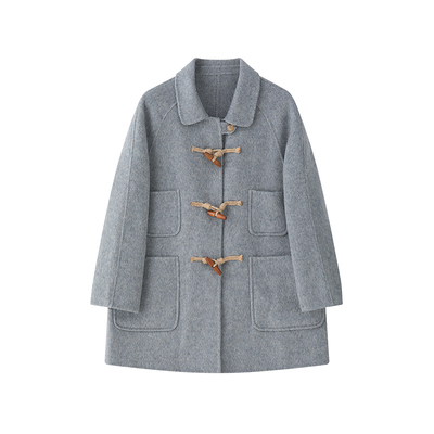 绵羊毛复古文艺牛角扣毛呢大衣