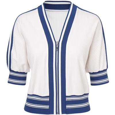 华夫格清爽蓝白拉链V领上衣